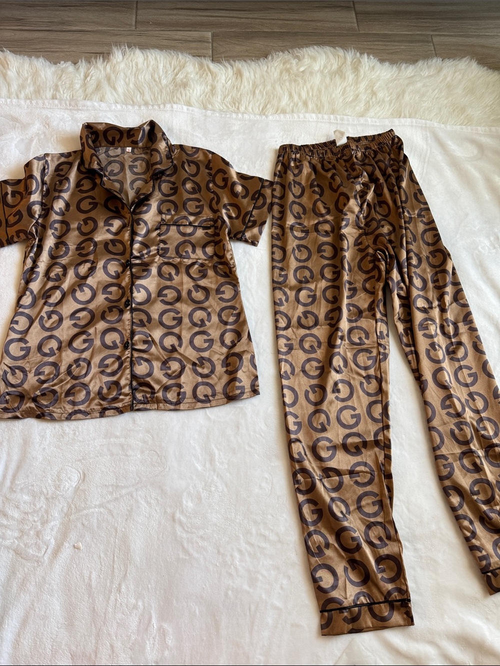 Women Brown Logo-Print Satin Pajama Set